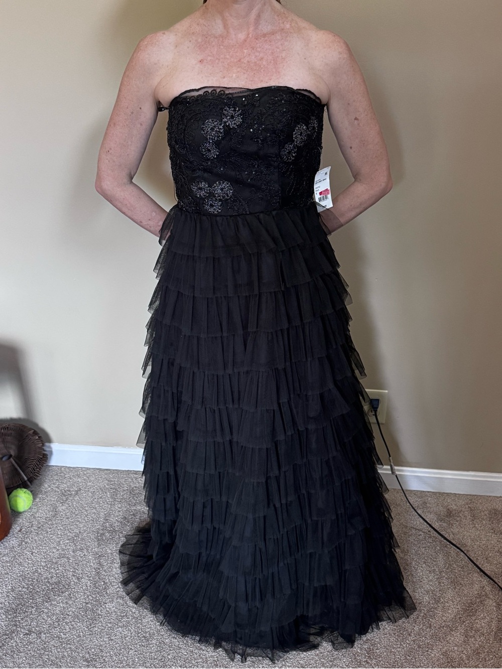 Masquerade Black Strapless Ruffled Tulle Prom Dress